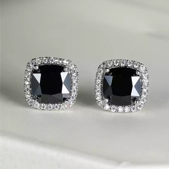 Jewelry - New 925 Silver Black Stone Sapphire Stud Earrings Luxury Square Wedding Earrings